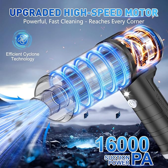 KMM Handheld Car Vacuum Cleaner, 16000PA Vacuum Cleaner & Air Duster, 120W High Power Hand Held Vacuum Cordless, Portable Vacuum Rechargeable with Multi-Nozzles & LED Light for Car, Home, Pet, Office