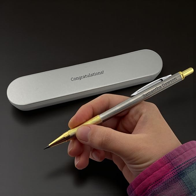 Custom Engraved Mechanical Pencil Set – Personalized 0.7mm & 2.0mm Refillable Drafting Tools – Gift for Architects, Engineers, Students, Designers, Graduation (Chrome w/ Gold Trim Pencil Engraved)