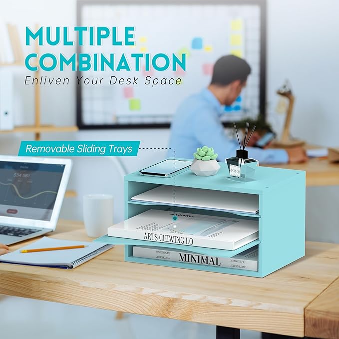 SUPEASY Wood Desk Organizer, 3 Tier Paper File Organizer for Desk, Wooden Desktop Organizer, Paper Letter Literature Mail Sorter, for Office School & Home Organization, Blue