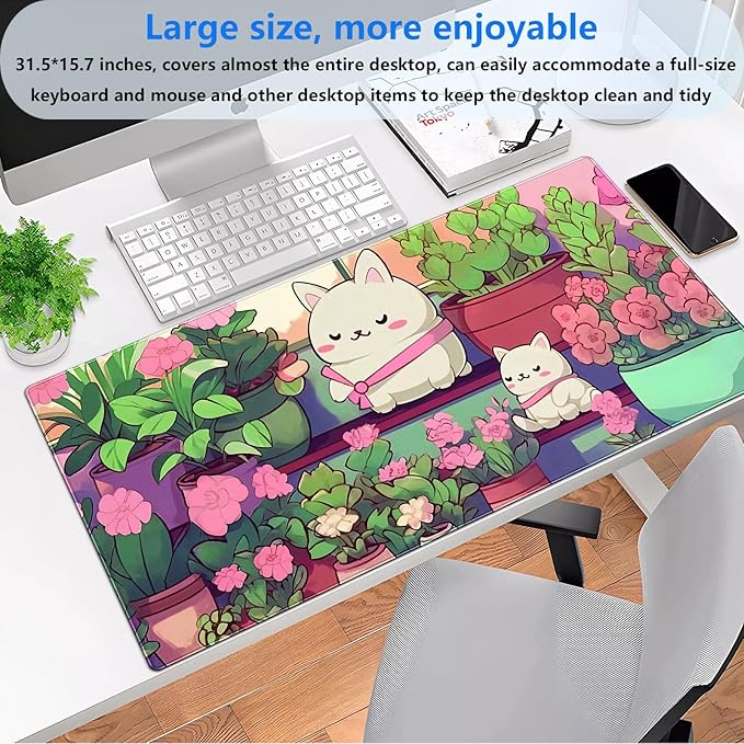 Cute Desk Mat Cat Mouse Pad Gaming Mousepad XXL Kawaii Desk Matt Pink Green Floral Keyboard Mat, Laptop Computer Desktop Decor Mat with Stitched Edges, 3mm Thick Non-Slip Rubber Base 31.5x15.7 in