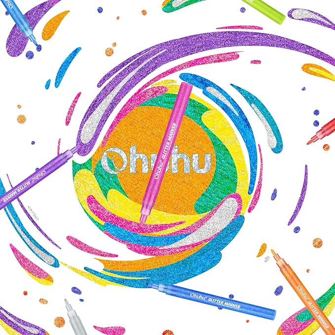 Ohuhu Glitter Markers Pen: 12 Glitter Colors Metallic Shimmer Marker Fine Tip Water-based Ink for Kids Adults DIY Crafts Greeting Birthday Cards Making Mugs Wood