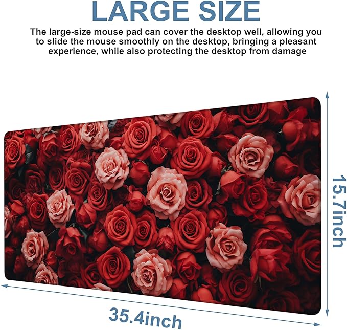 Beautiful Natural Roses Gaming Mouse Pad 3mm Thick Stitched Edge Waterproof Non-slip Large Computer Keyboard Mouse Mat,Suitable for Office Entertainment Decorative Desk Pad 35.4 x 15.7 Inches