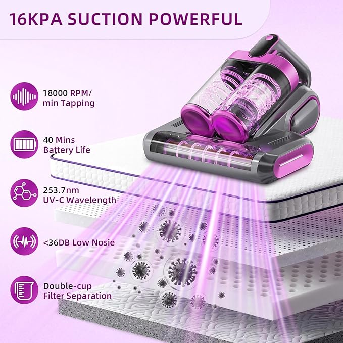 BESTING Mattress Vacuum Cordless with 16Kpa Suction & HEPA Dust Cups, 253.7nm UV-C Light & Ultrasonic, Low Noise Widened Suction Port Handheld Vacuum for Bed Pillows Couch Car Seat Rugs, Gray Purple