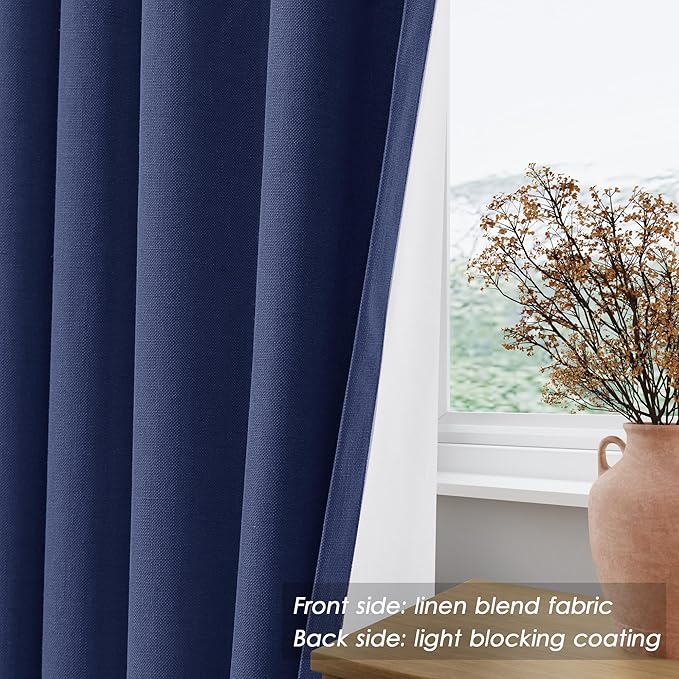 Full Black Out Classic Blue Window Curtains 84 Inches Long Back Tab Rod Pocket Cooling Flax Linen Drapes Full Light Black Out 2 Panels Set for Dining Room Boho Farmhouse Curtains Drapes 52x84
