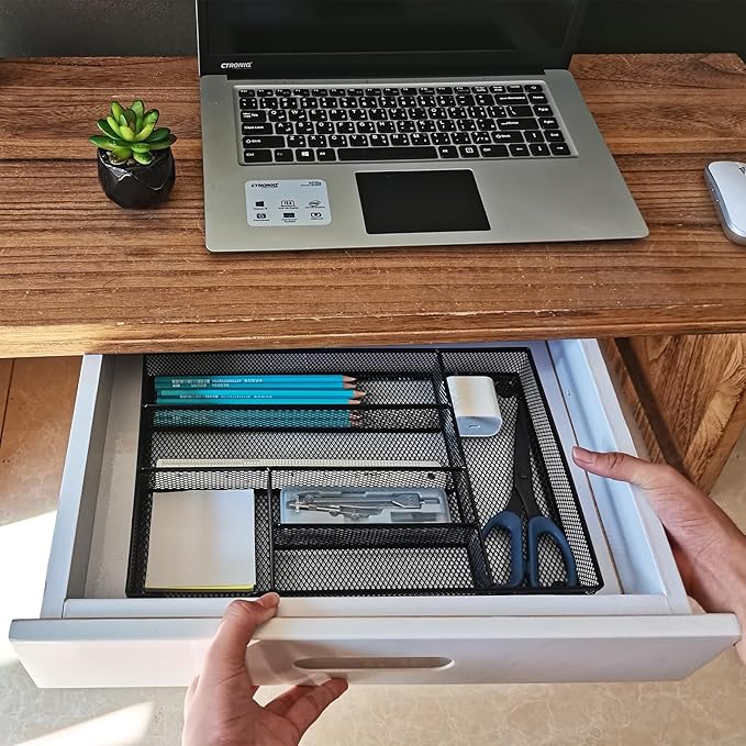 New Desk Drawer Organizer, Desk Organizer,Metal Mesh Office Drawer Organizer Tray, 6 Compartments for Office School Home,12.6 x 8.27 x 1.57 inch, Black (1pc pack)