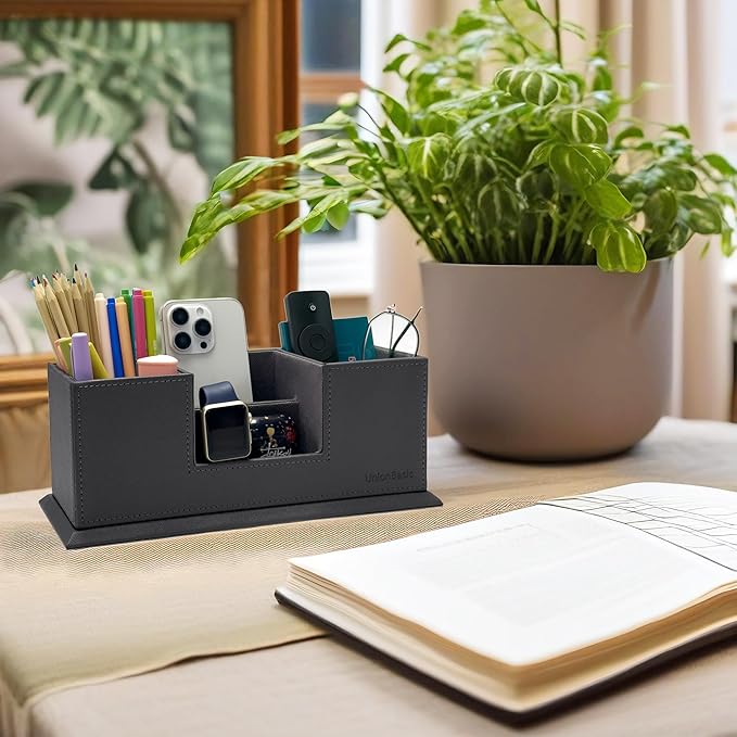 UnionBasic Desk Organizer, Desktop Caddy Leather Multi-compartment Pen Holder Office Stationer Organizer, Gray