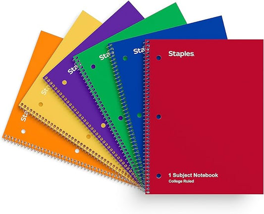 Staples Spiral Notebooks, 1-Subject College Ruled Paper, 8 x 10.5 Inch, 70-Sheets, 6-Pack, Assorted Colors