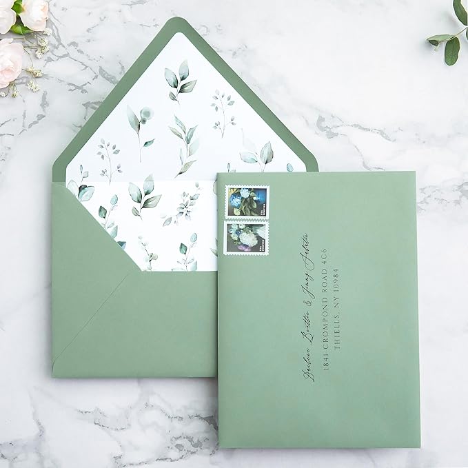 PONATIA 50PCS A7 Euro Flap Envelope, 5.25 x 7.25'' Sage Green Flowers Liner Envelopes for Wedding Invitations, Photos, Postcards, Greeting Cards, Christmas Gift, Acrylic Mailing