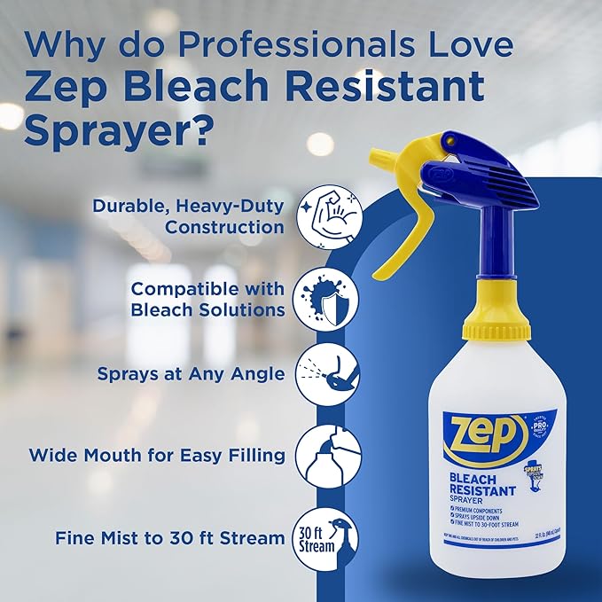 Zep Bleach Resistant Professional Sprayer Bottle - 32 oz (Case of 12) - ZUPRO2-30 Foot Stream Spray or a Fine Mist, Adjustable Nozzle Measurements, Bleach Resistant for Up to a Year