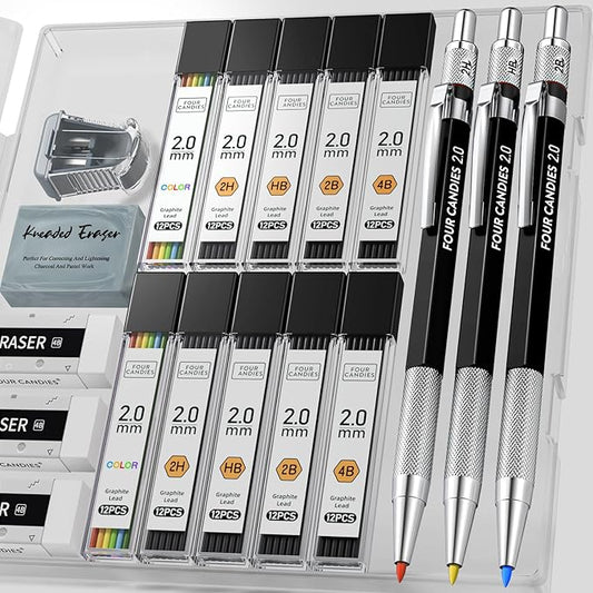 Four Candies 3PCS 2MM Mechanical Pencils with case, Artist Led Pencil Metal Lead Holder with 120 Graphite Lead Refills(HB 2H 2B 4B Color), 4 Erasers, Sharpener, Drafting Pencil for Drawing, Sketching