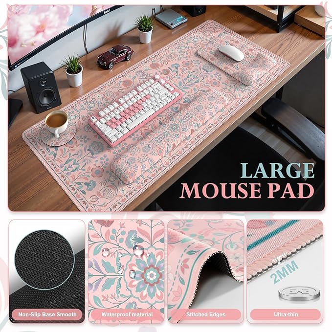 iCasso Mouse Pad with Wrist Rest,Large Desk Mat Set,Ergonomic Keyboard Pad with Wrist Support,Non-Slip Mouse Mat for Women,Cute Floral Computer Mat for Home Office Gaming (Pink)