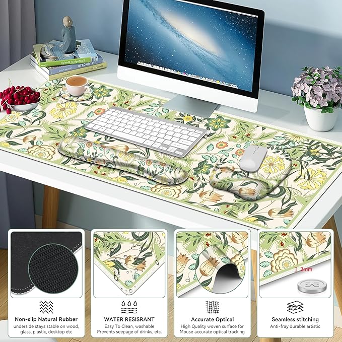 4 in 1 Large Mouse Pad, Keyboard Wrist Rest Set, Ergonomic Mouse Pad with Wrist Support, Desk Mat with Stitched Edges Extended Desk Pad Waterproof Desk Mat for Home Office Game I Green Flower Plants