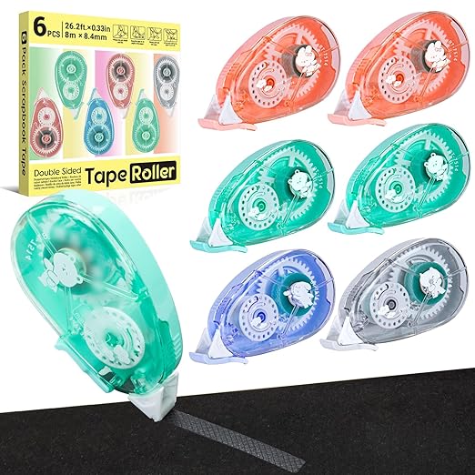 6 Pack Double Sided Tape Roller, Scrapbook Supplies, Glue Tape for Crafts, 0.33in x 26.25ft Scrapbook Tape, Journaling Supplies, Good for Gift Wrapping and Card Making