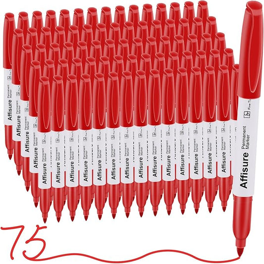 Red Permanent Markers Bulk, 75 Count, Quick Drying and Fade Resistant, Fine Point Marker works on Paper, Plastic, Metal, Wood, Perfect for Classroom, Home, Office