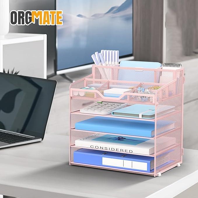5 Tier Mesh Desk Organizer,Multi Functional Letter Paper Tray with 3 Pen Holders and 5 Adjustable Storage Compartments for Office Supplies Files and Mail Space Saving Desktop Organizer-Pink
