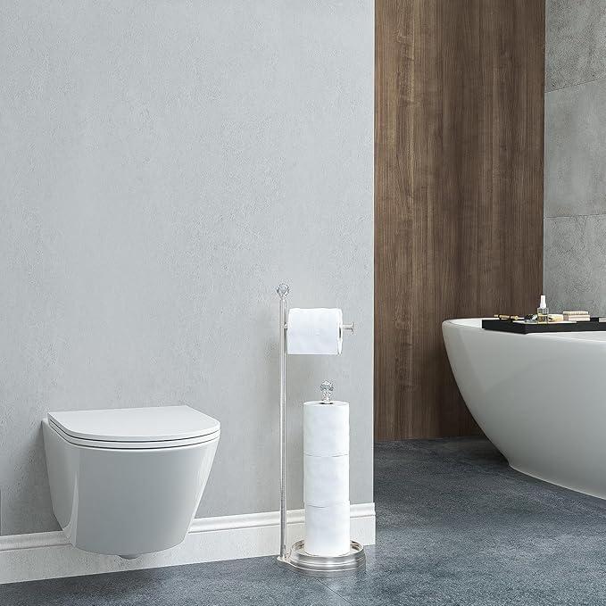 KASUNTO Toilet Paper Holder for Bathroom, Heavy Weighted Metal Free Standing Toilet Paper Holder Stand with Crystal Ball, Toilet Paper Roll Stand for Bathroom Accessories