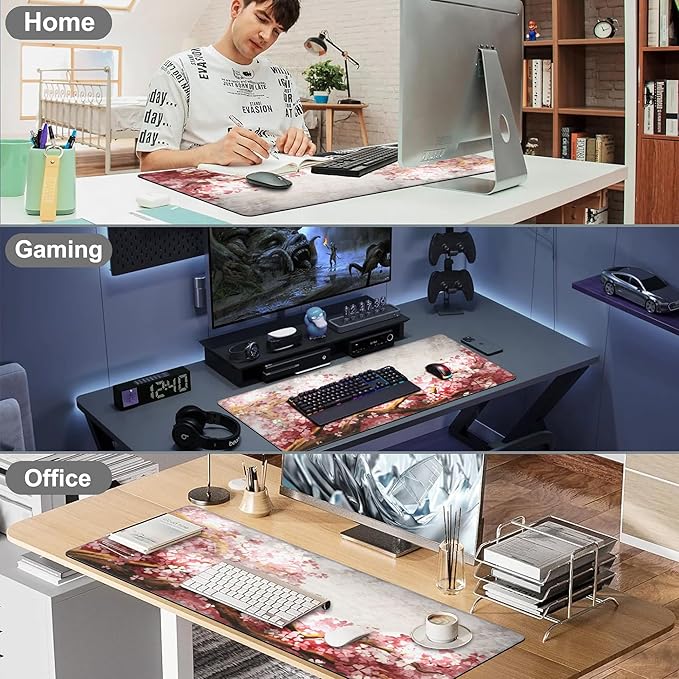 Mouse Pad, Large Blooming Sakura Desk Mat, Extended Non-Slip Gaming Keyboard Mousepad Desk Pad, Thick Stitched Edges Waterproof Mouse Mat 31.5"x15.7" (Cherry Branch)