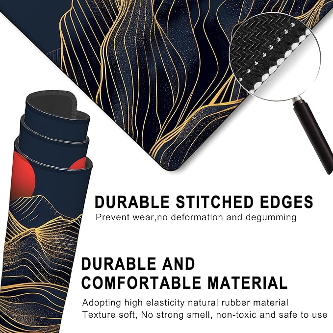 Gaming Mouse Pad, Abstract Golden Mountains and Red Sun Large Desk Mat for Keyboard and Mouse,Non-Slip Rubber Base and Stitched Edges Desk Pad for Home Office 35.4x15.7in