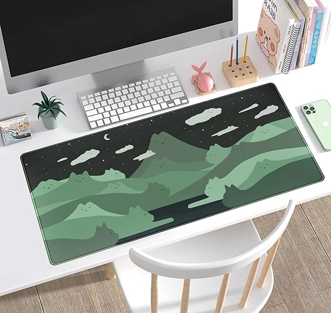 Anime Green Cats Mouse Pad Desk Pad Kawaii Cartoon Cat Desk Mat Cute, XXL Large Laptop Gaming Mousepad Keyboard Mouse Mat, Office Desk Decor matt for Women with Stitched Eges Pad, 31.5x15.75 in