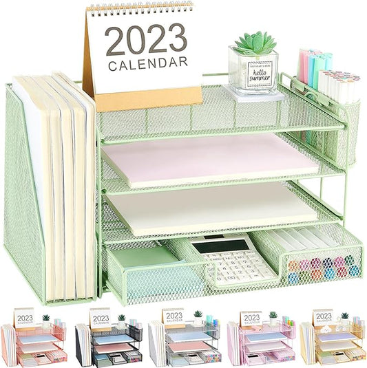 Desk Organizer and Accessories, 4-Tier Desktop File Organizer with Drawer and 2 Pen Holders, Office Desk Accessories for Office Supplies(Green)