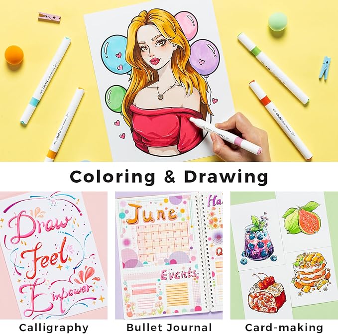 Ohuhu Water-based Markers for Adult Coloring Books No Bleeding 64 Colors Dual Tips Coloring Markers for Kids Adults Beginners Drawing Pens for Journaling Lettering (Brush & Fine)