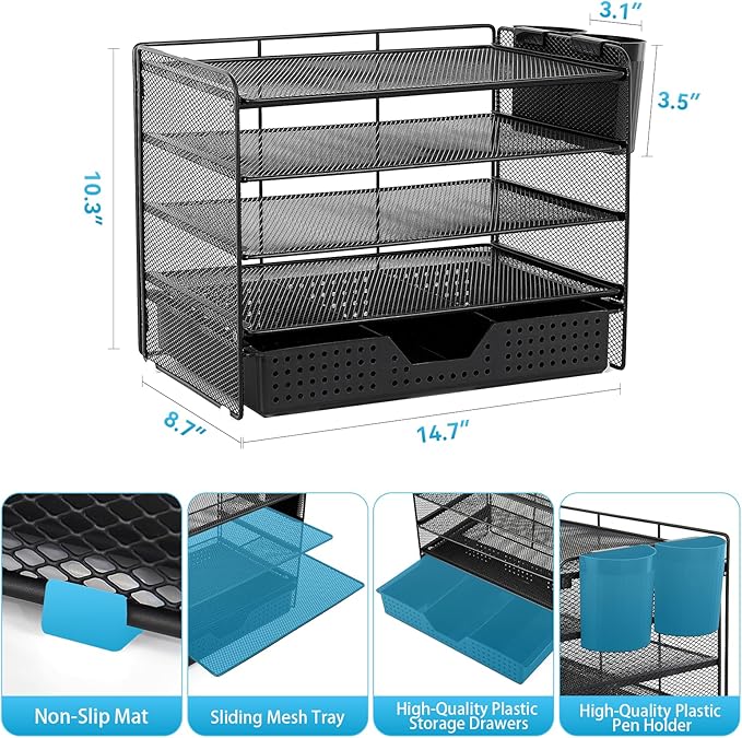 5-Tier Paper Organizer Letter Tray with Drawer & 2 Pen Holders, Desk Organizer and Accessories for Desktop File Workspace Organization, Office Desk Accessories Office Supplies Storage (Black)