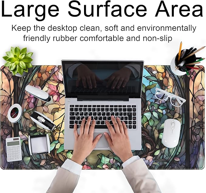 Stained Glass Tree Desk Mat Cartoon Tree Gaming Mouse Pad Large XXL Extended Desk Matt for Desktop, Laptop Computer Keyboard Mouse Mat for Women Office Decor Accessories Deskmat 31.5''x15.7''