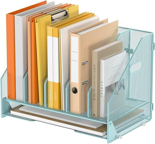 Desk File Folder Holder Organizer-5 Vertical Compartments Racks and Paper Letter Tray,Mesh Magazine File Holder Sorter,Desktop Accessories & Workspace Organizers for Home,Office,School-Blue
