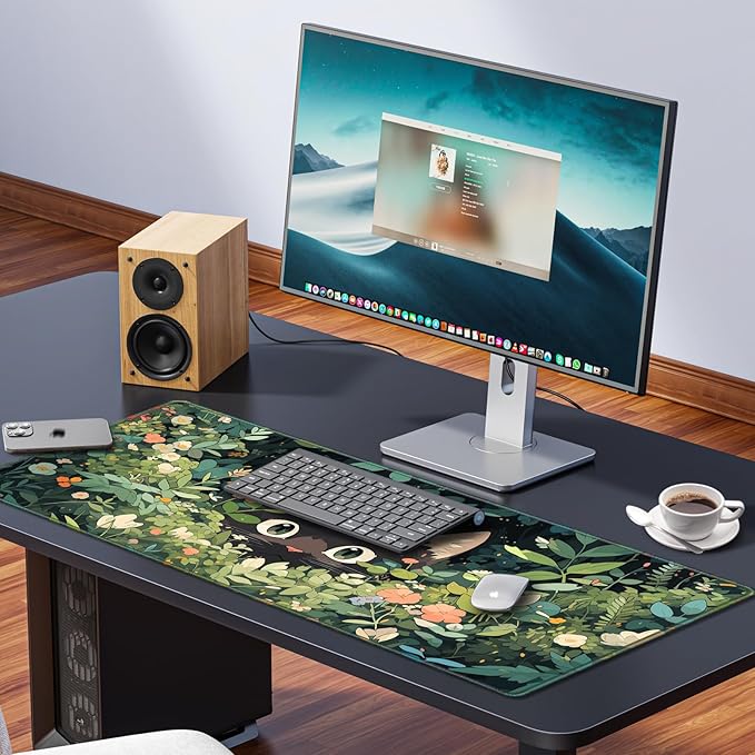 Anime Cat Mouse Pad Green Desk Mat, Kawaii XXL Large Mouse Pad Keyboard with Stitched Edges Non-Slip, 35.4×15.7in Mousepad Mat for Desktop Computer Laptop Office Women Decor Game Funny