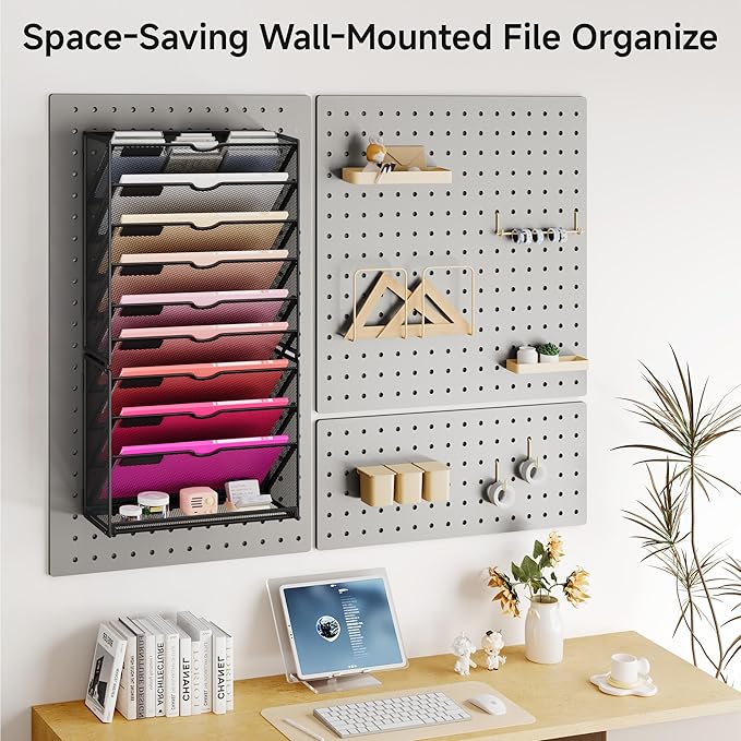Lavatino 10-Tier Hanging Wall File Folders Organizer - Black Metal Mesh Paper Magazine Document Mail Holder File Organizer for Office School Home Wall Mount or Desk Supplies Organization