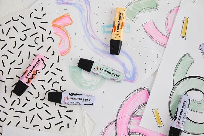 STABILO Highlighter BOSS ORIGINAL Pastel by Ju Schnee - Pack of 4 - Hint of Mint, Cloudy Blue, Frozen Fuchsia, Pale Orange