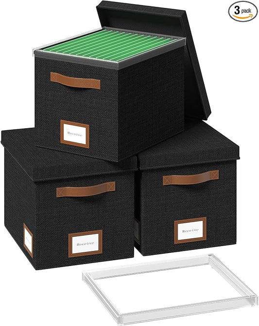 File Box for Hanging, File Organizer Box with Lid Decorative File Folders Letter Size Organizer with One-Piece Integrated Plastic Slide Rail (Black, 13.2x10.1x10.1inch(3pack))