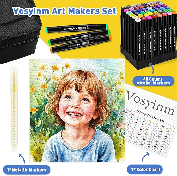 Alcohol Markers Set 48 Colors - Dual Tips Drawing Marker Alcohol Based Marker Pens for Adult Kids Coloring Painting Book Professional Art Supplies with Carrying Case