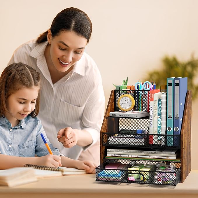 Wooden Desk Organizer - Mesh File Organizer with Drawers and Pen Holder - 4-Tier Vertical Paper Letter Storage Tray, Desktop Organizers and Accessories for Home Office