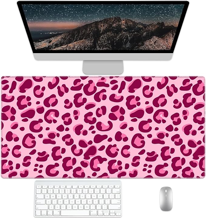 Pink Leopard Desk Pad Protector, Stitched Edges Mouse Pad, Large Office Desk Mat, Non-Slip Desk Blotter, Laptop Desk Pad, Desk Writing Pad for Office and Home (31.5" x 15.7 ")