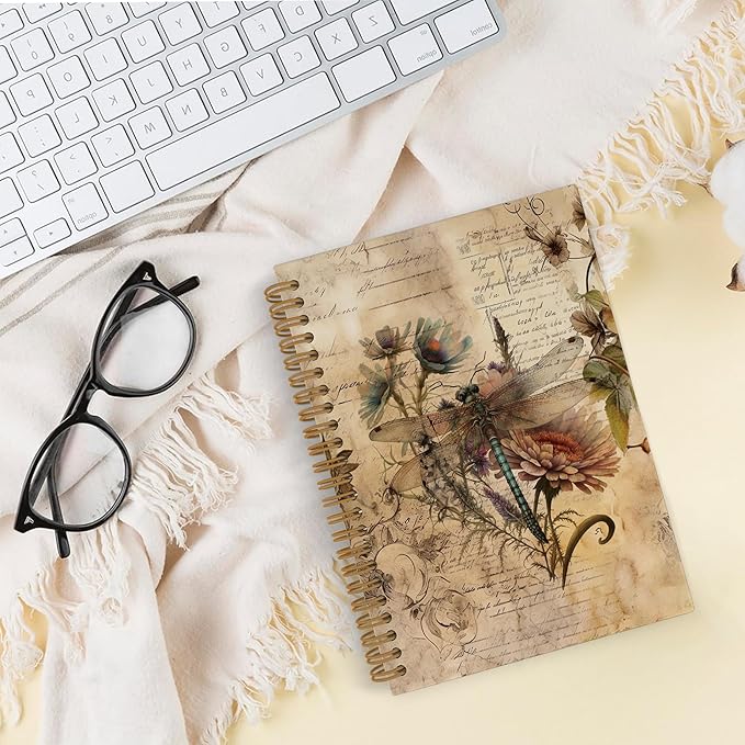 Vintage Dragonfly Spiral Notebook, Spring Dragon Fly Journal Notebook,Dragonfly Floral Notebooks for School Work, Dragonfly Gifts for Women, Dragonfly Office Supplies Gifts for Women Men,5.5x8.3