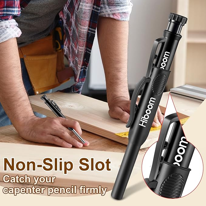 Hiboom 2 Pack Solid Carpenter Pencils with Pencil Cap and 18 Refills, Long Nose Deep Hole Mechanical Pencil Marker, Scribe Tool with Built-in Sharpener for Construction Woodworking Architect (Black)