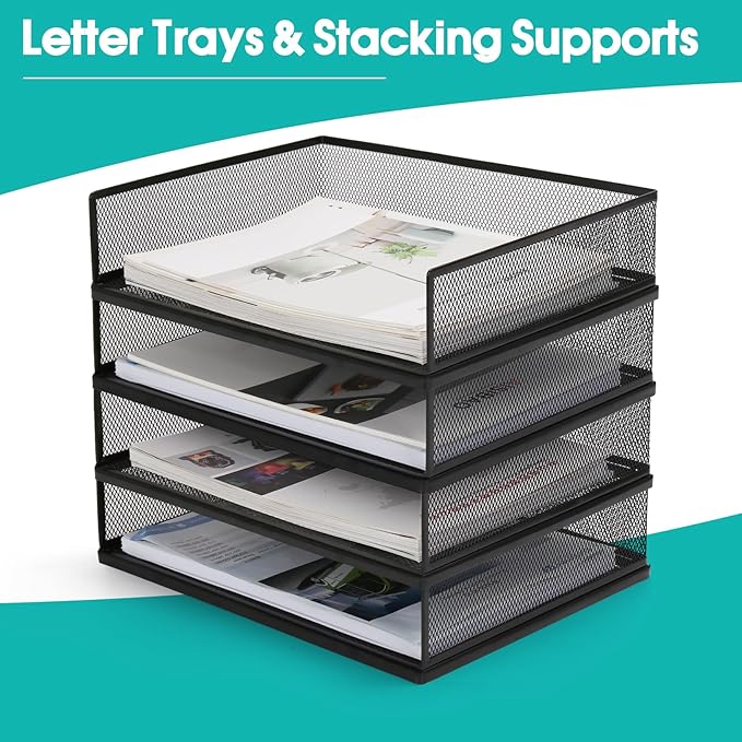 Wire Mesh Letter Trays Paper Tray Desk File Organizer, 2 Pack Stackable Metal Front-Load Documents Tray for Office Supplies File (Transverse)