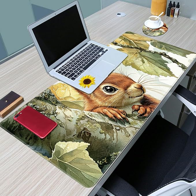Desk Mat Large Gaming Mouse Pad (31.5x11.8 inch) with Stitched Edges, XL Mouse Pad +Coaster, Extended Mouse Mat Keybroad Mousepad Non-Slip Rubber for Gamer Men Women, Squirrel Camo Tree