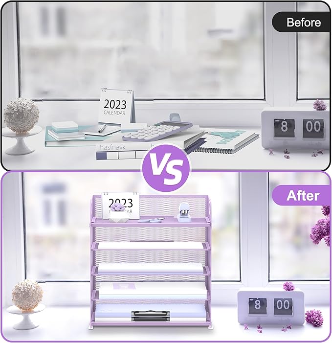 2 Pack 5-Tier Purple Desk Organizer with Handle Mesh Desk File/Paper Organizer Letter Tray for Office, School and Home Easy Installation Purple Office Supplies