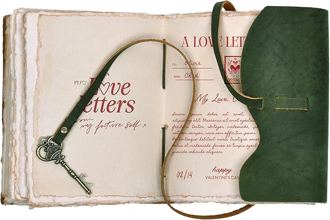 LEATHER VILLAGE Vintage Leather Journal – 200 Handmade Vintage Deckle Edge Paper – Leather bound Journal For Women Men – Vintage Key Closure - Book of Shadows - Green - 13X8 inches
