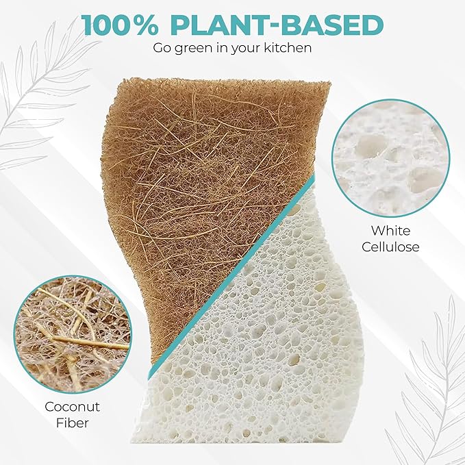 Purely Calm Plant Based Natural Sponge - Pack of 12 Cellulose Sponges, Safe on Non-Stick Cookware, Dual Sided Dish Sponge for Washing Dishes, Kitchen and Household