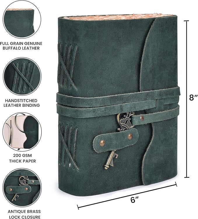 LEATHER VILLAGE Vintage Leather Journal – 200 Handmade Vintage Deckle Edge Paper – Leather bound Journal For Women Men – Vintage Key Closure - Book of Shadows - Turquoise - 8X6 inches (A5)