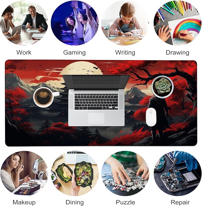 Desk Pad, Japanese Samurai Cherry Blossoms XXL Gaming Mouse Pad with Stitched Edges,Non-Slip Waterproof Rubber Base Large Desk Mat for Keyboard and Mouse 35.4"x15.7"