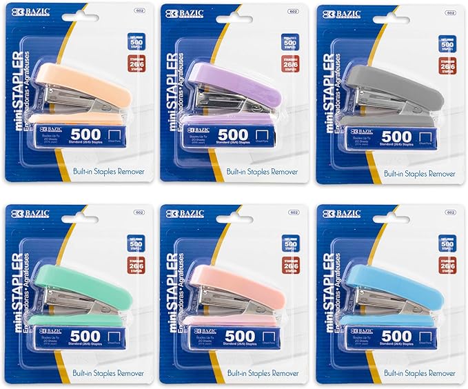 BAZIC Mini Stapler w/ 500 Staples, Standard (26/6) Pastel Color, Built-in Staple Remover, Portable Small Staplers, 4-Pack