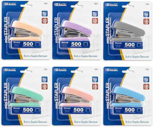 BAZIC Mini Stapler w/ 500 Staples, Standard (26/6) Pastel Color, Built-in Staple Remover, Portable Small Staplers, 4-Pack