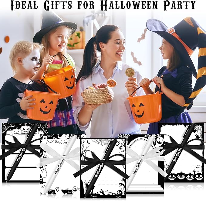 36 Pcs Halloween Sticky Notes Include 12 Spider Pumpkin Bat Ghost Notepads and 12 Pen and 12 Ribbon Halloween Self Adhesive Memo Pads Gifts for School Office Home Party Supplies