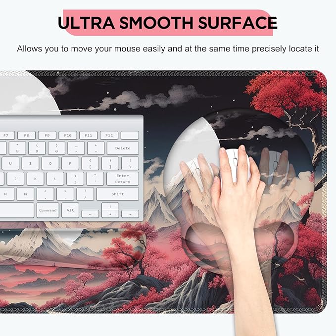 AIMSA Keyboard Mouse Pad Wrist Rest Set, Large Gaming Mouse Desk Pad with Wrist Support Ergonomic Design, 4 in 1 Mousepad for Home Office, Sakura Snow Mountain