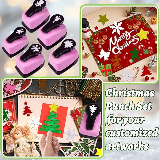 Christmas Hole Punch Set, 5 Pcs Different Shape Hole Punches for Paper Craft, 1 Inch Christmas Snowflakes/Tree/Bow Tie/Moose/Star Puncher for Scrapbook, Gifts, Festival Cards, Decorations, DIY Arts