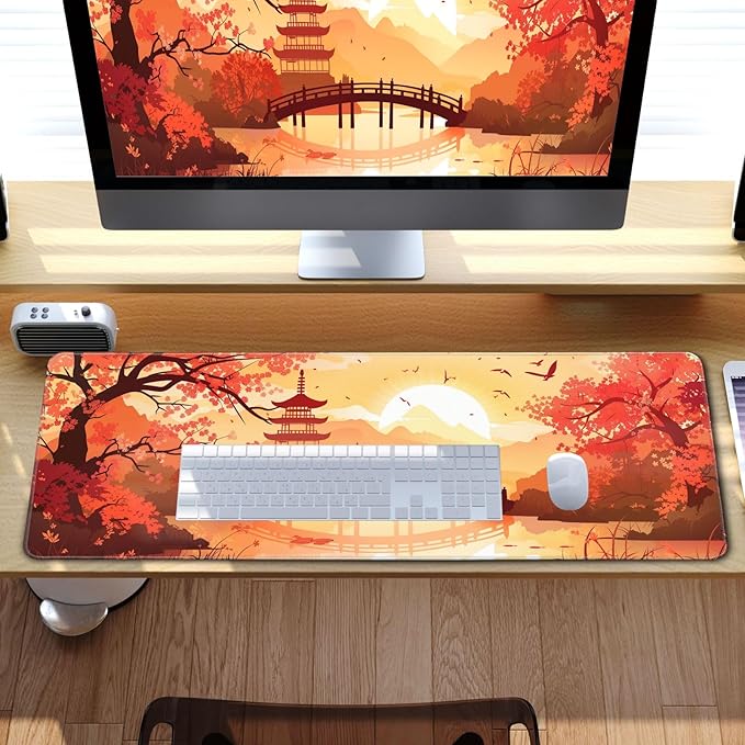 Japanese Cherry Blossom Desk Mat Anime Gaming Mouse Pad Large Desk Pad for Desk Computer Pc Laptop Office Decor, Mouse Keyboard Pad Stitched Edges Non-Slip Rubber Mat Desk Pad, 31.5x11.8 in